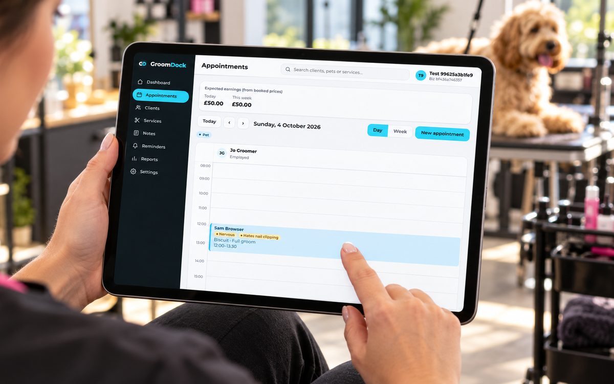 The GroomDock appointments diary shown on a tablet in a grooming salon