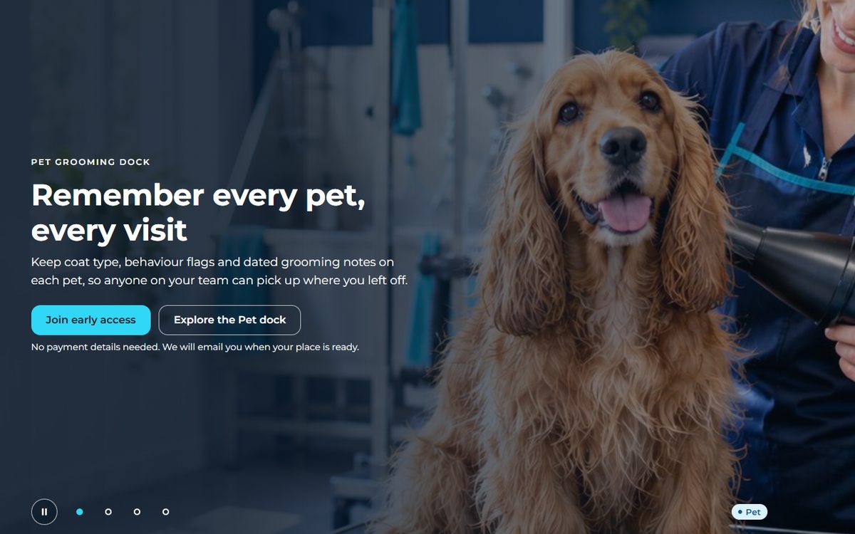Home page of the GroomDock website, showing a groomer drying a spaniel